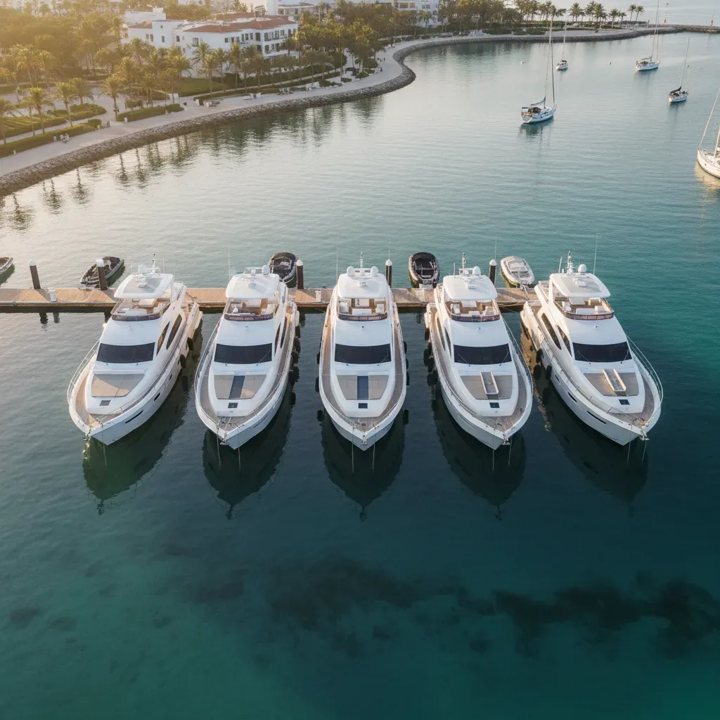 Charter fleet lined up in a marina from aerial view